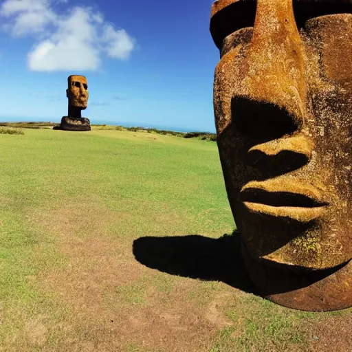 Prompt: a moai that looks like saul goodman, gopro photo, shot on easter isle, simple composition