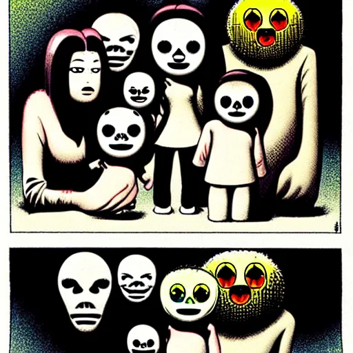 Image similar to a creepy family, by richard corben and takashi murakami