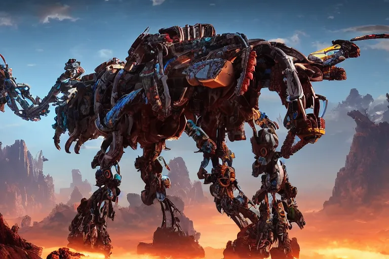 Image similar to thunderjaw machine mecha animal beast robot of horizon forbidden west horizon zero dawn bioluminiscence global illumination ray tracing hdr fanart arstation by sung choi and eric pfeiffer and gabriel garza and casper konefal