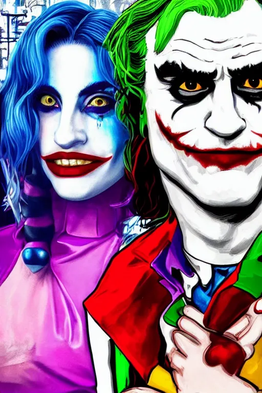 Prompt: joaquin phoenix as joker and lady gaga as harley quinn, remove duplicate content!!!!, violet polsangi pop art, gta chinatown wars art style, bioshock infinite art style, incrinate, realistic anatomy, hyperrealistic, two colors, white frame, content balance proportion