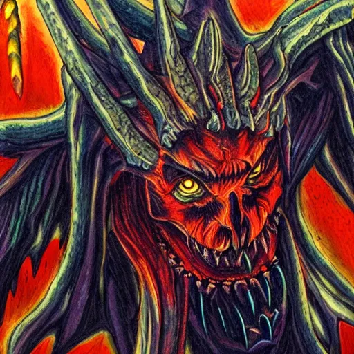 Prompt: photo of an intricately detailed representation of a accurate demon from hell . Colored oils with colored inks.