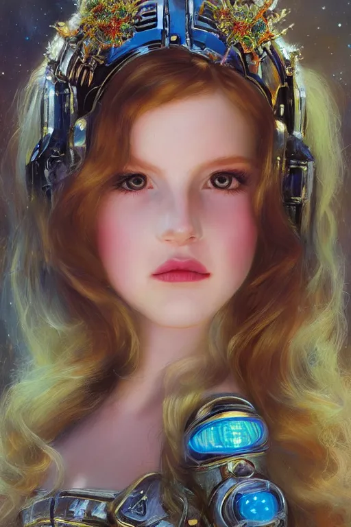 Image similar to cute shiny robot Lana Del Rey look-alike, Lilia Alvarado, Sophie Anderson, Mark Arian, Bob Byerley, Charlie Bowater, Mark Brooks, Steve Henderson, Justin Gerard, Arthur Hughes, Edward Robert Hughes, Mark Keathley, Victor Nizovtsev, Carlos Shwabe, Ross Tran, WLOP