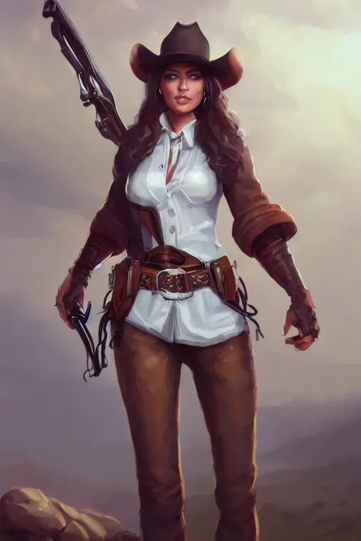 Image similar to full body, female cowgirl, perfect face, white blouse, long rifle, 8 k, magic the gathering, desert, d & d, artstation