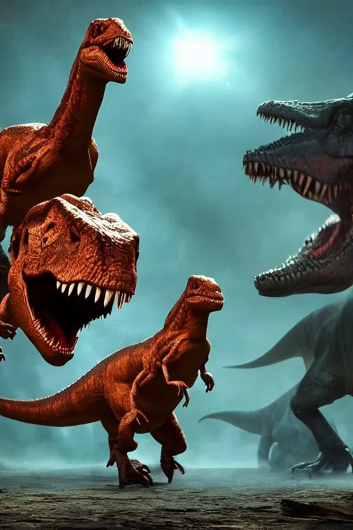 Image similar to dinosaur dance party with pizza, dramatic lighting, cinematic, establishing shot, extremely high detail, foto realistic, cinematic lighting, post processed, concept art, high details, cinematic, 8k resolution, beautiful detailed, photorealistic, digital painting, artstation, concept art, smooth, sharp focus, artstation trending, octane render, unreal engine