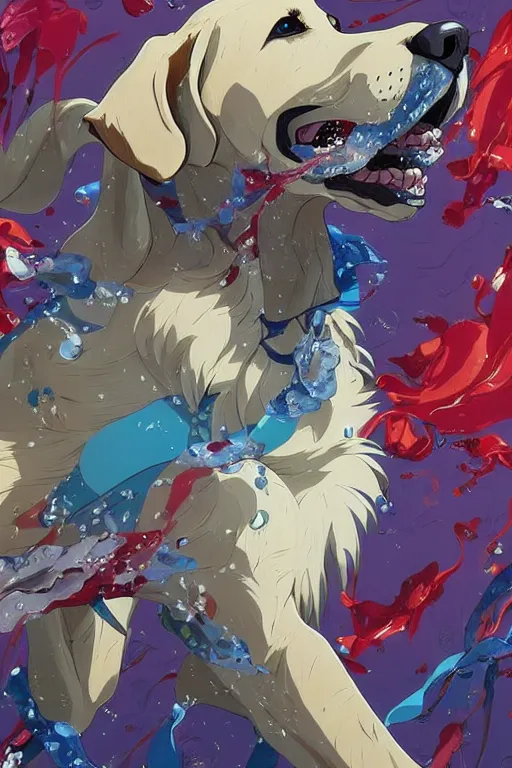 Prompt: maximalist intimidating labrador retriever, trending on pixiv fanbox, painted by makoto shinkai takashi takeuchi studio ghibli, akihiko yoshida, yoshitaka amano, wangechi mutu, clean cel shaded vector art. shutterstock. behance hd by lois van baarle, artgerm, helen huang, rossdraws, illustration