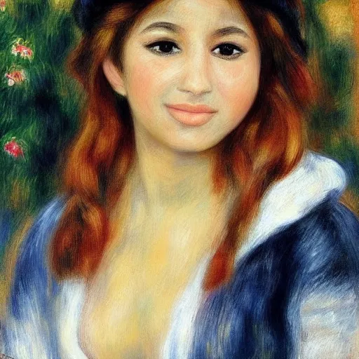 Image similar to Imane Anys, also known as Pokimane. Detailed perfect artbreeder face. Full body portait. By renoir.