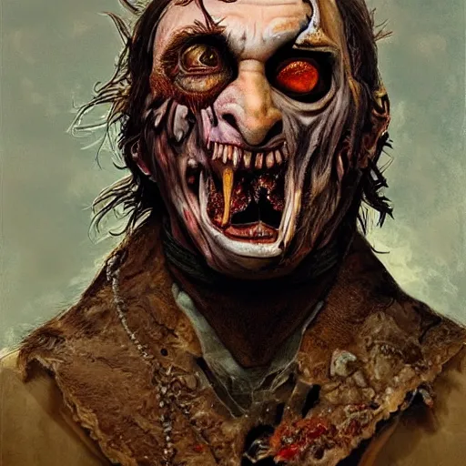 Image similar to a portrait of a putin as a zombie with its mouth and eyes sewn shut, full body, leather, hairy, d & d, fantasy, intricate, elegant, highly detailed, digital painting, artstation, concept art, smooth, sharp focus, illustration, art by artgerm and greg rutkowski and alphonse mucha