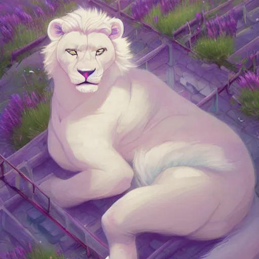 Image similar to aesthetic overhead photo portrait commission of a albino male furry anthro lion lying on a perfect lavender garden like a bed with bubbles surrounding him while wearing a cute mint colored cozy soft pastel winter outfit with pearls on it, winter Atmosphere. Character design by charlie bowater, ross tran, artgerm, and makoto shinkai, detailed, inked, western comic book art, 2021 award winning painting