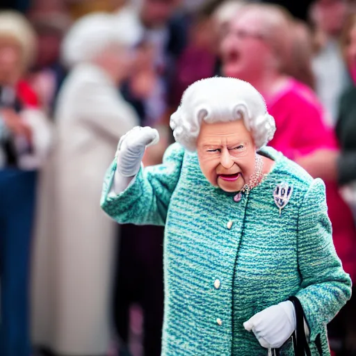 Image similar to elderly woman screaming at queen elizabeth ii as a 1 9 8 0 s wrestling action figure, canon eos r 3, f / 1. 4, iso 2 0 0, 1 / 1 6 0 s, 8 k, raw, unedited, symmetrical balance, wide angle