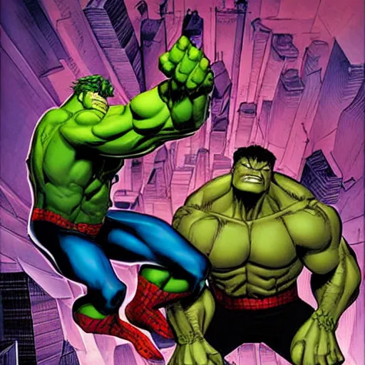 Image similar to spider man and Hulk by Joe Madureira