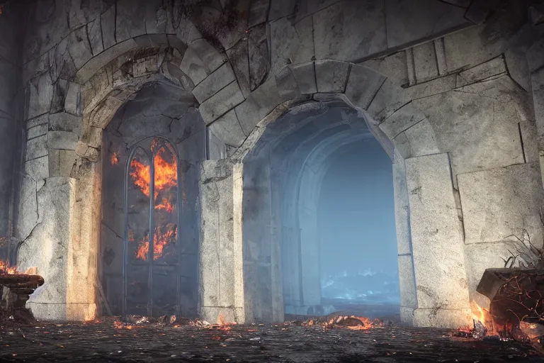 Image similar to An Abandoned, but functional portal to the fire realm, photorealistic, 4k, ultra detailed, cinematic lighting, fantasy, magic