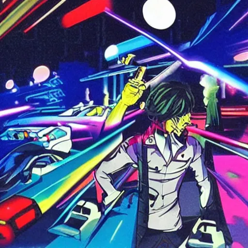 Image similar to 80s anime, dark neon city. laser gun battle on open space. futuristic cars lay in flames, destroyed robot dogs remains