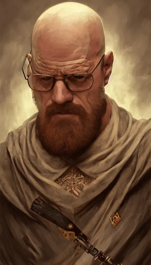 Image similar to Heisenberg as Kratos, highly detailed, digital painting, artstation, concept art, smooth, sharp focus, illustration, ArtStation, art by artgerm and greg rutkowski and alphonse mucha and J. C. Leyendecker and Edmund Blair Leighton and Katsuhiro Otomo and Geof Darrow and Phil hale and Ashley wood and Ilya repin and Charlie Bowater