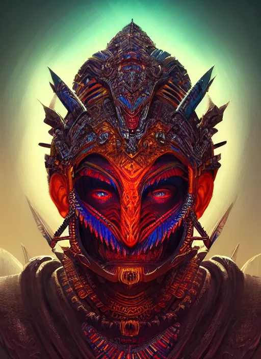 Prompt: hyper detailed ultra sharp aztec underworld warrior trance man. trending on artstation, warpaint aesthetic, earthwave, colorful, neon, ornate, intricate, digital painting, concept art, smooth, sharp focus, illustration, art by artgerm and greg rutkowski and h. r. giger, 8 k