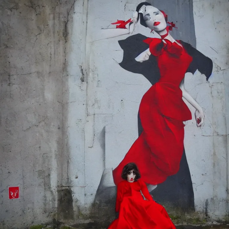 Image similar to Street-art portrait of beautiful woman wearing red evening dress in style of Etam Cru