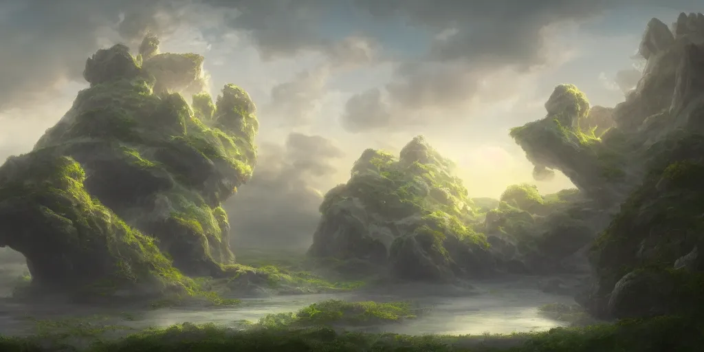 Prompt: a gorgeous matte painting of floating islands, with trees, with a blue sky and great clouds, morning, trending on artstation