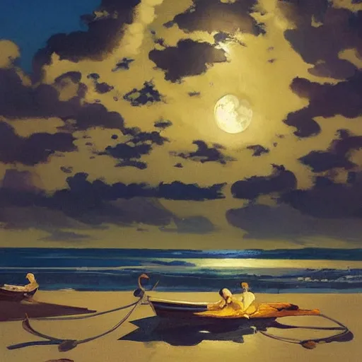 Image similar to NIGHT SEA, moon, DARK SCHEME, by studio ghibli painting,by Joaquin Sorolla rhads Leyendecker, by Ohara Koson and Thomas, cloud.