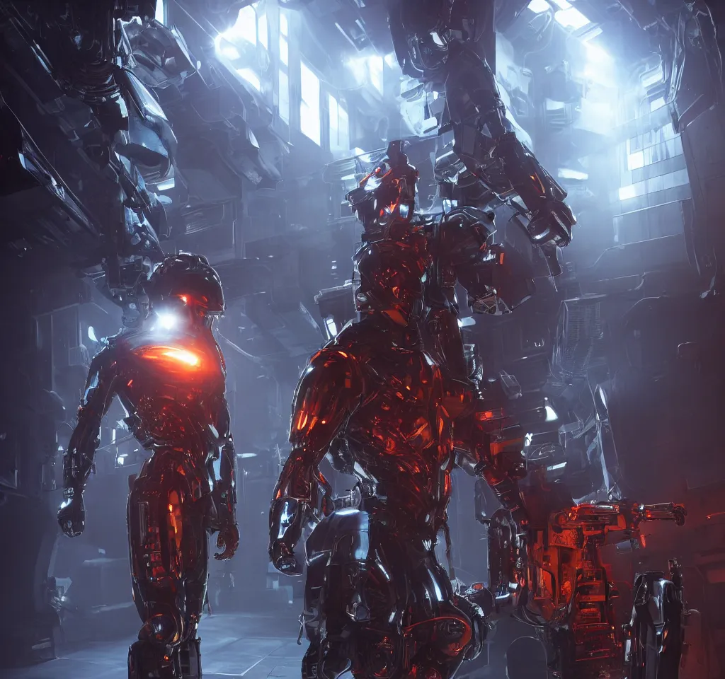 Image similar to Sci-fi cyber Warrior with Lizard head and scales for skin, leather armor super muscular with a long tail. Walking down the hall of a spaceship with mechanical parts and pipes steaming. Studio lighting backlit, Colorful, hyperrealistic, cgsociety, octane render, 8k, realistic depth, spaceship hallway, dramatic pose, armed guards, futuristic, humanoid, sci-fi hallway, cinematic lightning, medium shot, mid-shot, highly detailed, trending on artstation, Unreal Engine 4k, cinematic