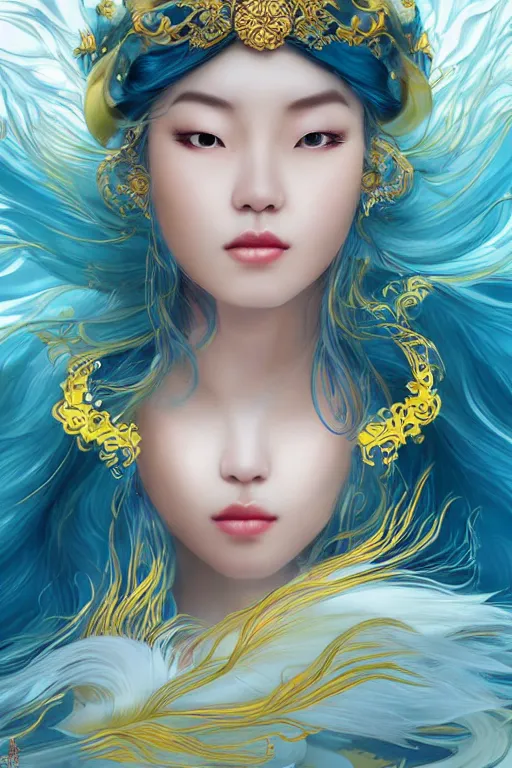 Image similar to a beautiful young Asian woman, Queen of the Sea Mu Yanling, long flowing white hair, blue and yellow robe with wide feather like quality, water flowing and floating around, young female face, liquid magic, cinematic top lighting, insanely detailed and intricate, face by wlop, Charlie Bowater, golden ratio, symmetrical proportions, elegant, ornate, luxury, elite, matte painting, MTG, magic the gathering, trending on artstation, cinematic, cgsociety, 8k, high resolution,