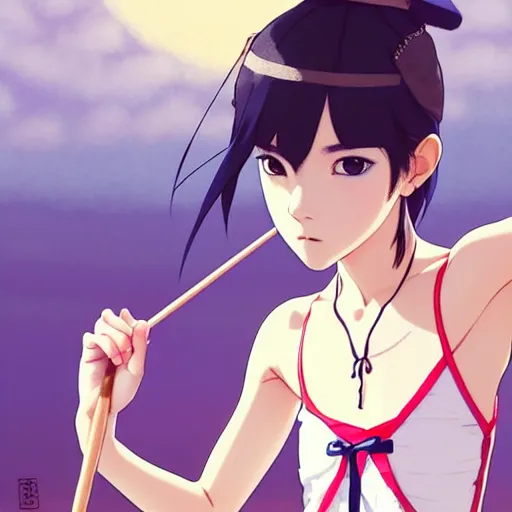 Image similar to a beautiful boyish japanese emma watson alluring instagram model, wearing elegant japanese hiphop leotard outfit with subtle mayan patterns and native fashion, aztec street fashion bathing suit, jrpg fashion, gapmoe yandere grimdark, trending on pixiv fanbox, painted by greg rutkowski makoto shinkai takashi takeuchi studio ghibli, akihiko yoshida