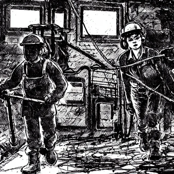 Image similar to sadie sink as a miner pulling a mine cart. in a coal mine. storyboard, scifi cyberpunk. by gabriel hardman, joe alves, chris bonura. cinematic atmosphere, detailed and intricate, perfect anatomy