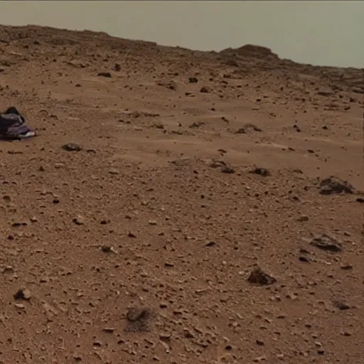 Image similar to a film still of 'Interplanetary Homeless Bum on Planet Mars' (2012)