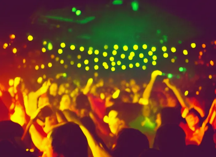 Image similar to a 2 8 mm macro photo of a crowd at a colorful discotheque in silhouette in the 1 9 7 0 s, bokeh, canon 5 0 mm, cinematic lighting, dramatic, film, photography, golden hour, depth of field, award - winning, 3 5 mm film grain