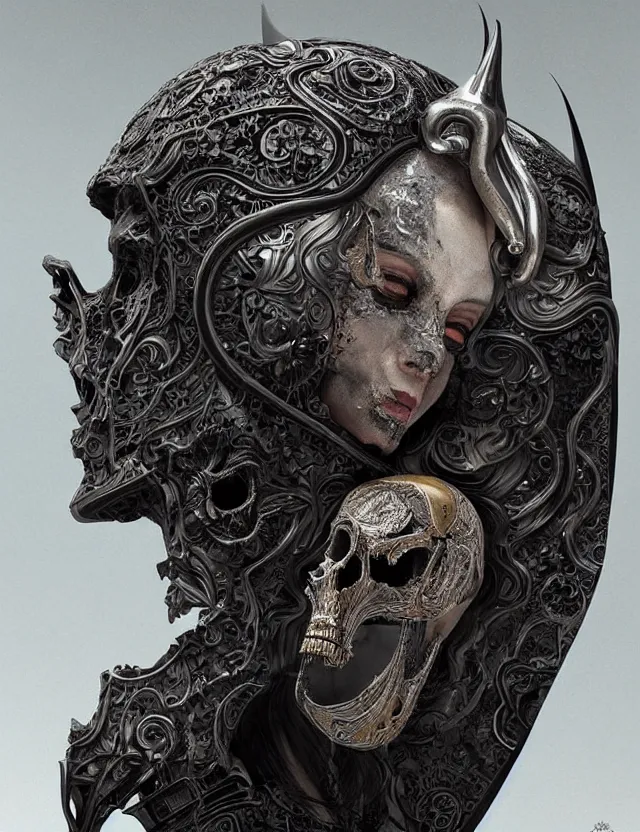 Prompt: 3 d goddess close - up profile portrait russian batman mask with ram skull. beautiful intricately detailed mask. artwork by giger and dali and beeple and greg rutkowski