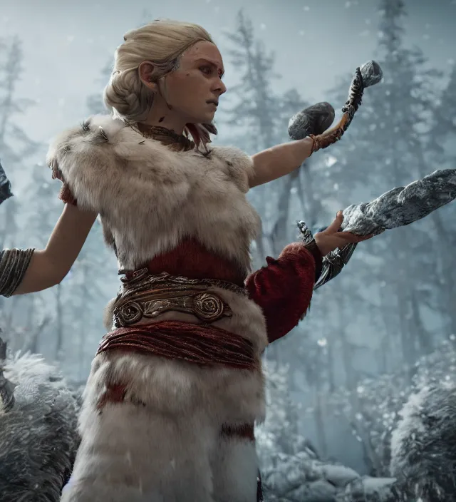 Prompt: scandinavian north goddess freyja kills musya, cinematic render, god of war 2 0 1 8, santa monica studio official media, lightning, stripe over eye