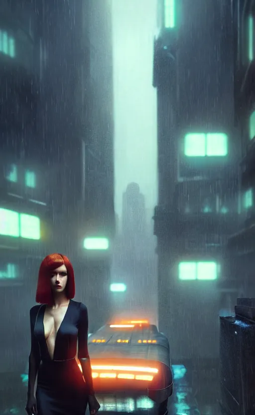 Prompt: hyper - realistic, digital matte painting of an attractive auburn haired femme fatale woman, blade runner environment, cinematic lighting, 4 k textures, sharp focus, by greg rutkowski, by ilya kuvshinov, by eric - anthony johnson