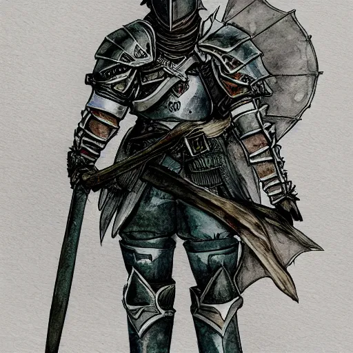 Prompt: watercolor, final fantasy tactics character design, knight wearing plate armor, knight wearing helmet, character portrait, evil, shrouded in pitch black darkness, harry clarke artwork