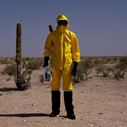 Image similar to a man wearing a hazmat suit and gasmask, in the desert, film still, directed by vince gilligan