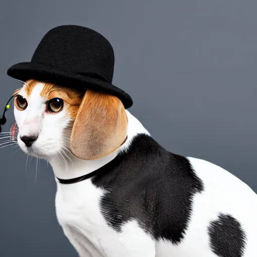 Image similar to beagle cat with a hat, black background, head shot, studio, 38mm