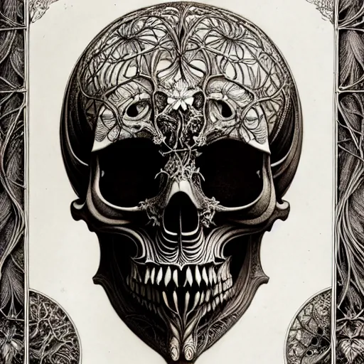 Image similar to art forms of nature by ernst haeckel, memento mori by arthur rackham, ornate antique porcelain beautiful skull mask, ultrasharp, photorealistic, hyperdetailed, octane render, polished, art nouveau, neo - gothic, gothic, intricate ornamental organic filigree, art nouveau botanicals, art forms of nature by ernst haeckel, horizontal symmetry, symbolist, visionary