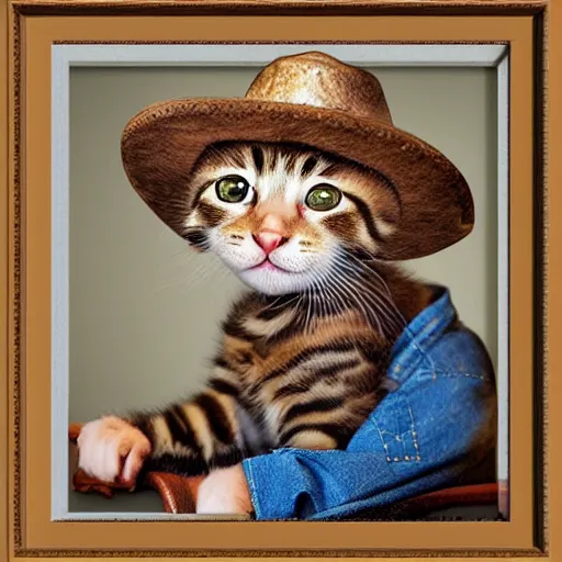 Image similar to realistic baby kitten with cowboy hat, photorealism, old west