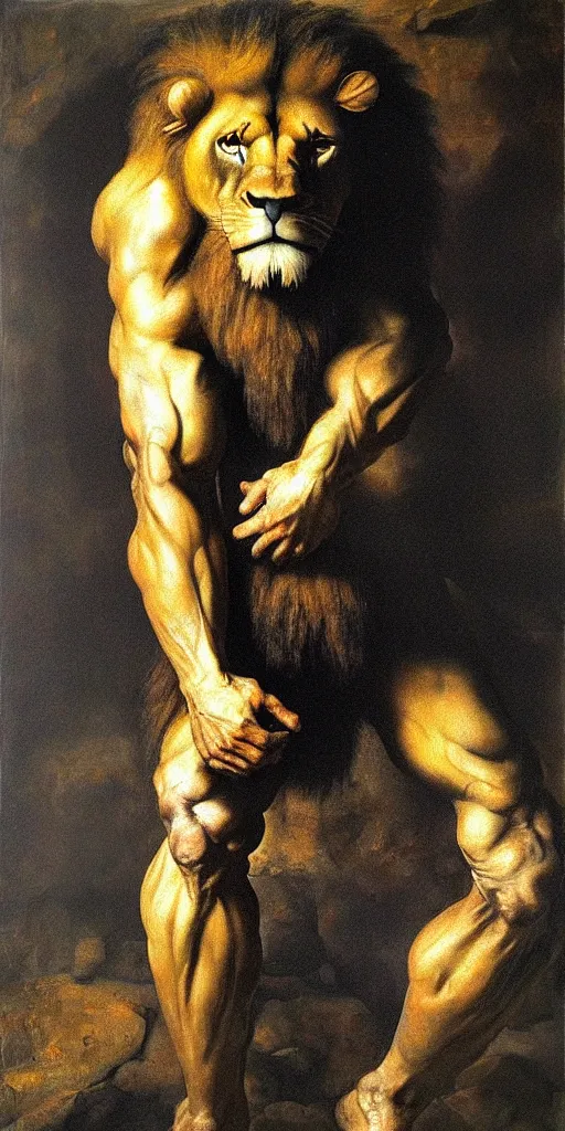 Prompt: oversized muscular lion as special ops human legs full body portrait pose , very textured detailed oil painting by rembrandt , hard backlight , in dark cave