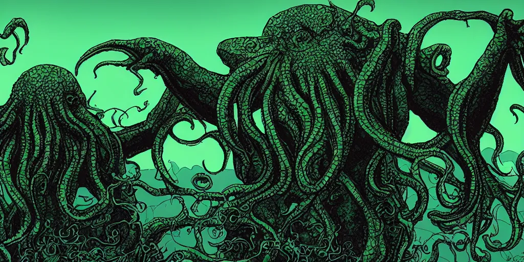 Prompt: a giant cthulhu threatening a city from the horizon while people are terrified, year 1920, digital art, shades of green