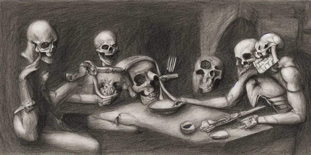 Prompt: Charcoal pencil portrait of a Roman emperor sharing dinner with a mummified skeleton, sketchbook, Leonardo da Vinci