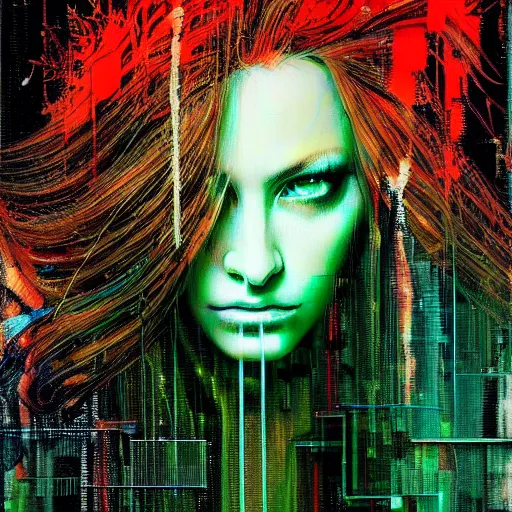 Prompt: hyperrealistic portrait of a mysterious cyberpunk woman with flowing hair, by Guy Denning, Russ Mills, beautiful, elusive, glitch art, hacking effects, glitch effects, green eyes, digital tech effects, cybernetics, detailed lines, intricate detail, holographic, chromatic, clear, color blocking, acrylic on canvas, octane, concept art, abstract, red face, front view, 8k, cgsociety, trending on artstation