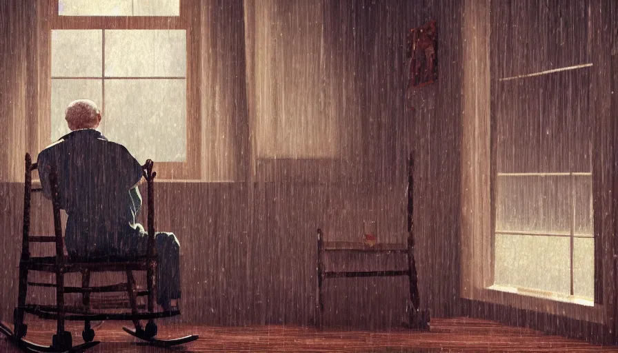 Prompt: Old man on his rocking chair looking the rain at the windows in his old wooden house, hyperdetailed, artstation, cgsociety, 8k