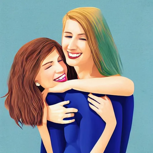 Prompt: two young beautiful blond women, smiling and hugging each other, digital art, illustration