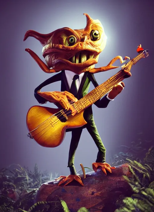 Image similar to a cute sharply dressed goblin playing a guitar, in the style of boris valejo and patrick woodroffe, fantastic, dramatic lighting, forest, hyperrealistic, detailed, octane render