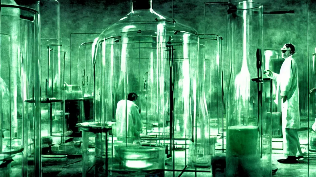 Image similar to a mad scientist in his lab, giant vats of green liquid line the walls, film still from the movie directed by david cronenberg with art direction by salvador dali and zdzisław beksinski, wide lens