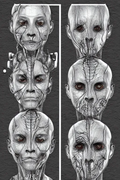 Prompt: asian facial anatomy with gunmetal grey skin, medical anatomy, very symmetrical face, highly detailed, three - perspective / three - view reference sheet ( front / back / side ), in the style of dan ouellette, steven jung, amanda lilleston, hr giger, sil from species, dren from splice, mecha, artstation, unreal engine