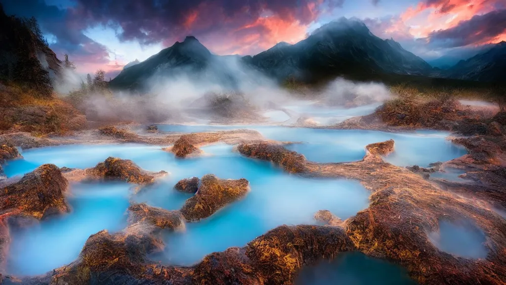 Prompt: amazing landscape photo of natural hot springs by marc adamus, beautiful dramatic lighting