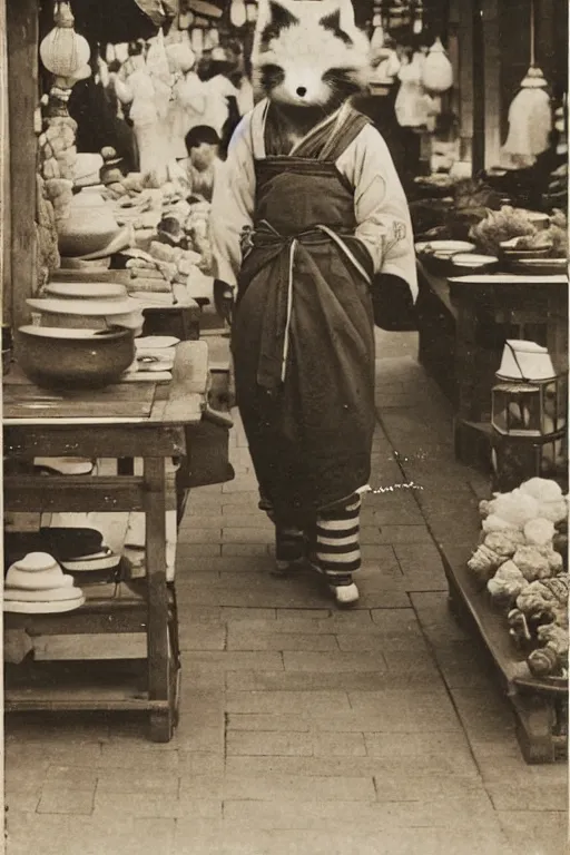 Image similar to 1 8 th century japanese street market in kyoto, 1 9 0 0 s photography, portrait anthro anthropomorphic fox head animal person fursona wearing clothes street trader