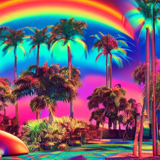 Prompt: a vaporwave render of a psychedelic paradise, by weta digital, by weta fx, graphic novel, spray paint, hyperspectral imaging, technicolor