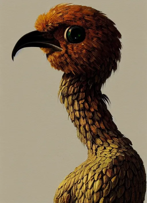 Prompt: rpg! profile! portrait of humanoid bird on white background, beak, feathers, fashion, fungus, intricate, highly detailed, digital painting, artstation, concept art, smooth, sharp focus, illustration, art by norman rockwell emiliano ponzi andrey remnev yoann lossel aaron jasinski, 8 k