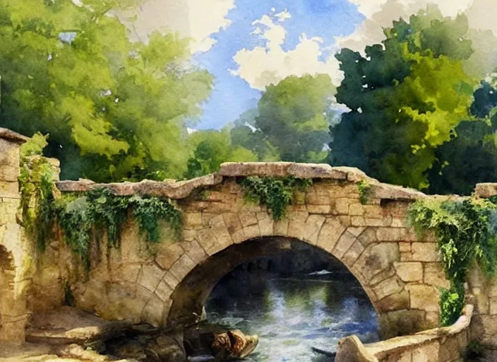 Image similar to watercolor of rustic stone bridge with mural, ivy, summer daylight, bright clear day, clouds, high detailed art by dennis miller bunker, work by anders zorn, wonderful masterpiece by greg rutkowski, beautiful cinematic light, american romanticism by greg manchess, creation by tyler edlin