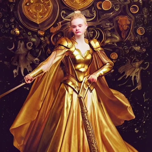 Prompt: Elle Fanning as a knight in golden armor holding fire, oil on canvas, moon lighting, artstation, by J. C. Leyendecker and Peter Paul Rubens,